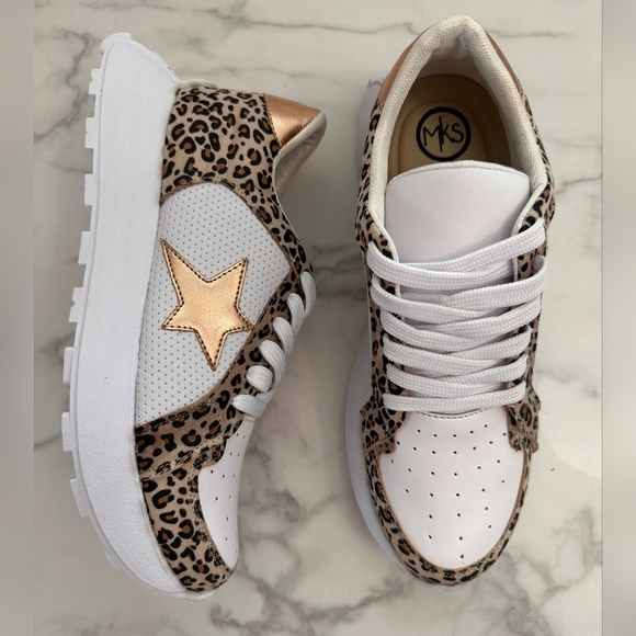 Leopard Print Sneakers with Gold Star Detail Trendy Casual Fashion Shoes Size 10 - Picture 5 of 10